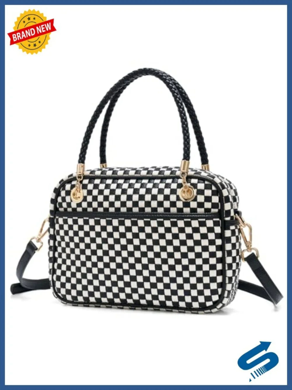 Chic Woven Crossbody Camera Bag, Vegan Leather Purse with Braided Handle